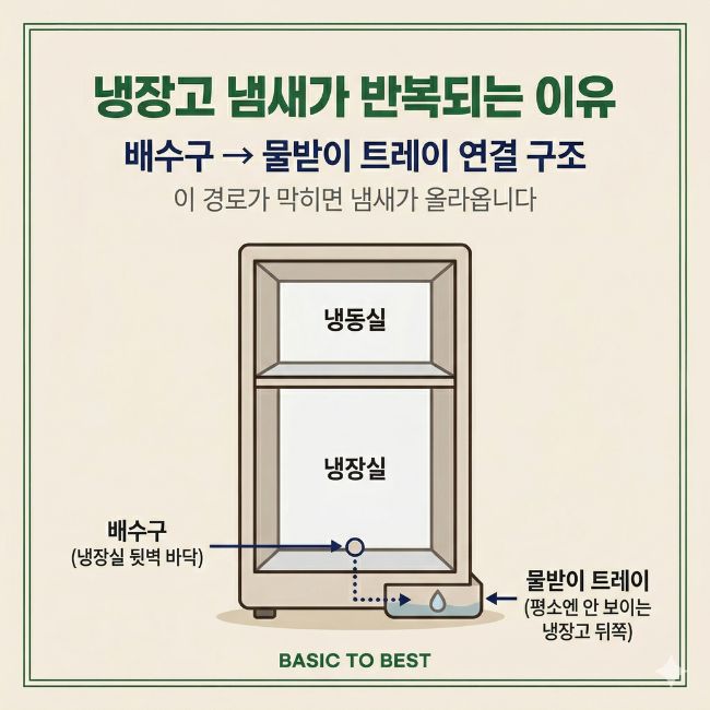 냉장고 냄새 안 없어지는 이유 — 탈취제로 안 되는 진짜 원인 냉장고 배수구 물받이 연결구조