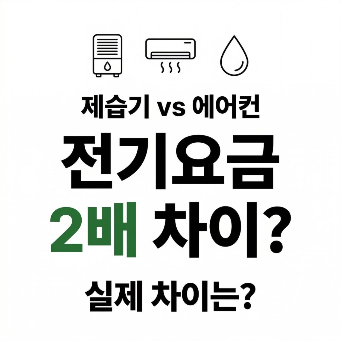 제습기와 에어컨 제습모드 전기요금을 비교하는 콘텐츠 썸네일. 제습기·에어컨·물방울 아이콘, "제습기 vs 에어컨 전기요금 2배 차이? 실제 차이는?" 타이틀, BASIC TO BEST 브랜드 표기