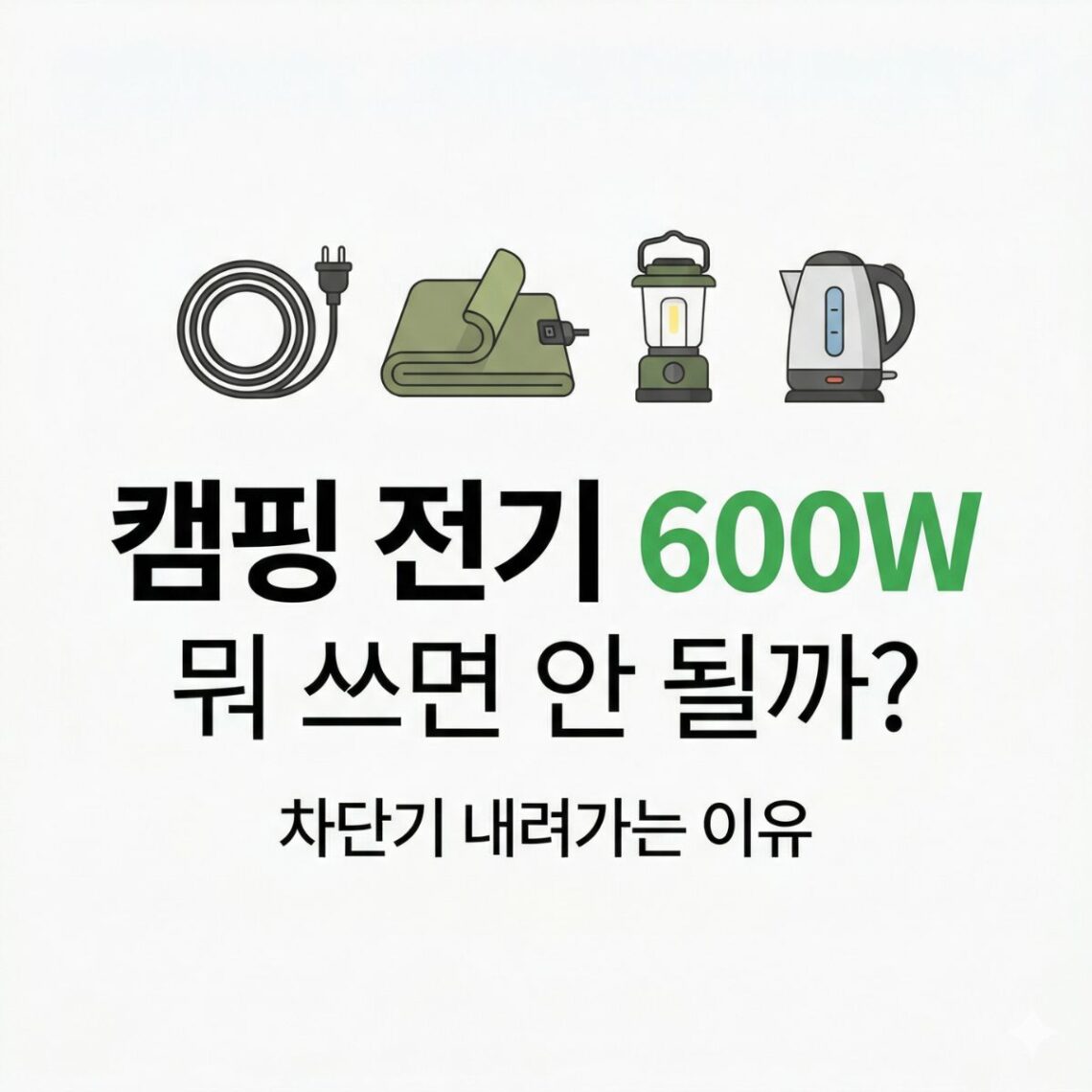 캠핑장 전기 600W 제한을 안내하는 콘텐츠 썸네일. 릴선·전기매트·랜턴·전기포트 아이콘, "캠핑 전기 600W 뭐 쓰면 안 될까? 차단기 내려가는 이유" 타이틀, BASIC TO BEST 브랜드 표기.