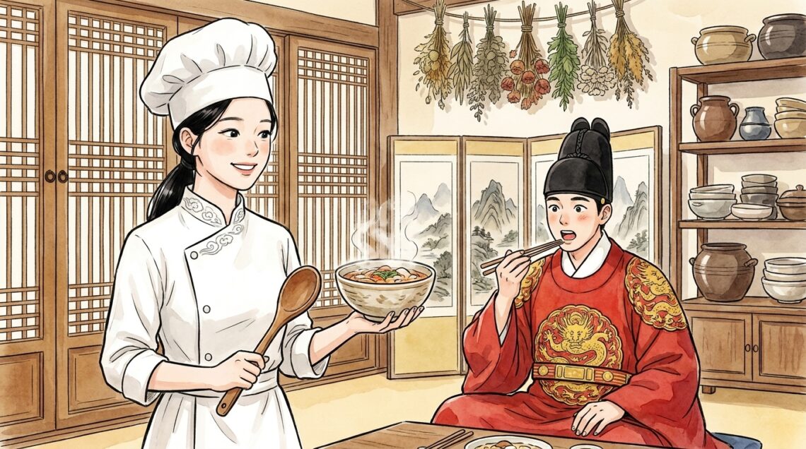 Sori and Nada characters in a Joseon-era palace kitchen, illustration for Bon Appétit Your Majesty Korean history post