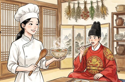 Sori and Nada characters in a Joseon-era palace kitchen, illustration for Bon Appétit Your Majesty Korean history post