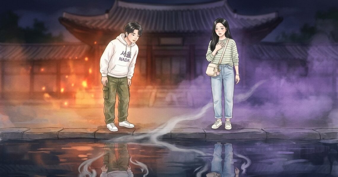 Two illustrated characters standing by a palace pond at night, one side glowing orange like fire, the other misty purple like a curse — The East Palace Netflix drama blog thumbnail