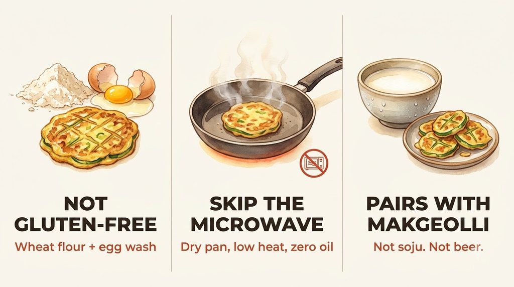 Infographic answering common jeon FAQs: jeon is not gluten-free (wheat flour and egg wash), reheat in a dry pan instead of a microwave, and pairs traditionally with makgeolli rice wine