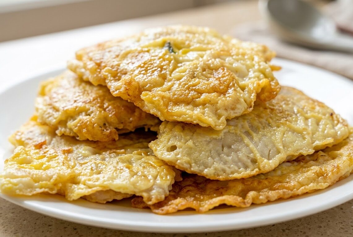 Authentic Korean pan-fried white fish fillets (dongtae-jeon) coated in delicate golden egg wash stacked on a white plate