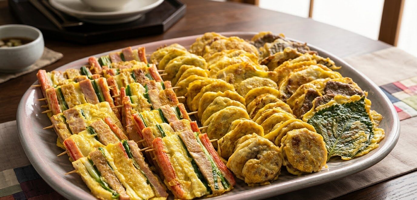 A large holiday platter filled with rows of Korean skewered jeon, pan-fried meat patties, and perilla leaf pancakes
