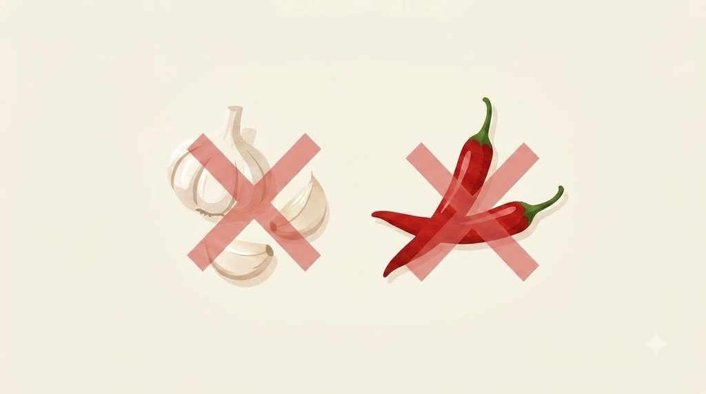 Minimalist food infographic showing whole garlic cloves and red chili peppers marked with red prohibition X signs for Korean ancestral jesa-jeon