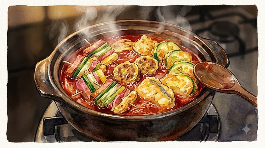 Jeon-jjigae — a spicy Korean stew made by simmering leftover Chuseok jeon (skewered jeon, meat patties) in aged kimchi broth, served in a traditional earthen pot