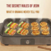 Minimalist editorial illustration of a wide electric skillet frying Korean skewered jeon and meat patties on a floor mat for Chuseok holiday