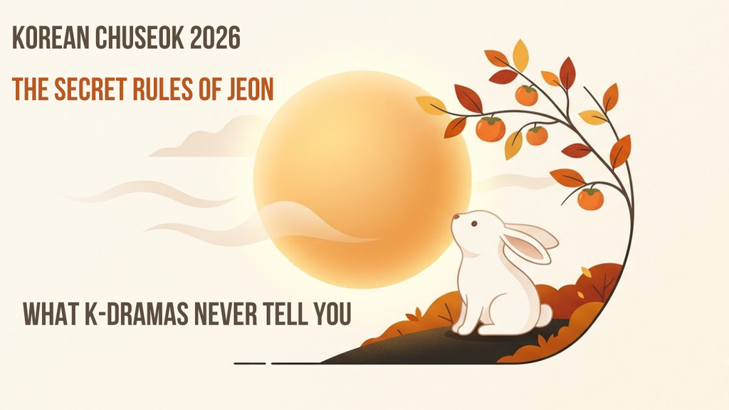 Minimalist illustration of a Korean white moon rabbit sitting under an autumn persimmon tree and gazing at the glowing harvest full moon for Chuseok 2026